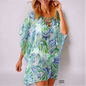 Tommy Bahama Sea Fronds Tunic Swim Cover Up Lace Up Tropical Blue Green Size S